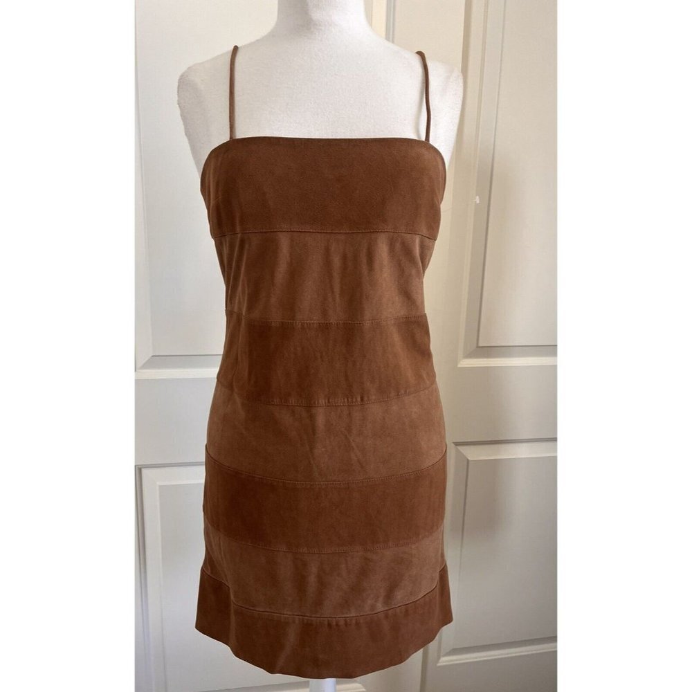 Intermix Sample S Camel Tan Goat Suede Sleeveless 2 Tone Short Sheath Dress NEW